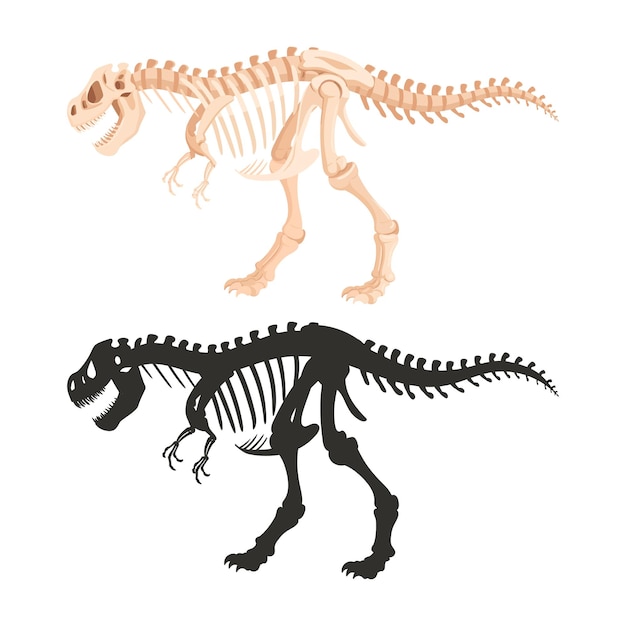 Vector tyrannosaurus skeleton silhouettes cartoon archaeological dinosaur fossil bones jurassic tyrannosaurus raptor flat vector illustration ancient trex fossil skeleton