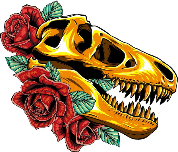 Tyrannosaurus skull with roses vector illustration design tattoo