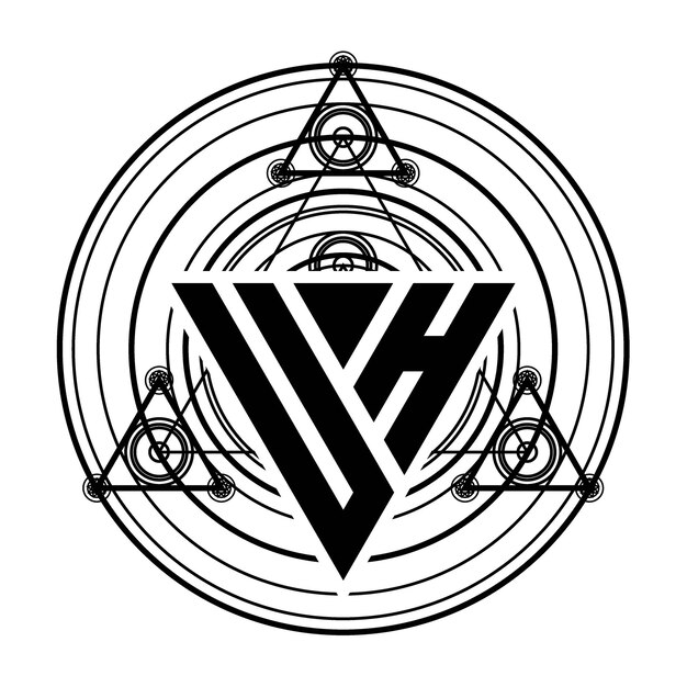 ベクトル 神聖な幾何学的な装飾が施された三角形のデザイン テンプレートと uh モノグラム文字ロゴ