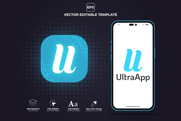 U letter app logo icon design met mobiele frame premium bewerkbare eps-sjabloon