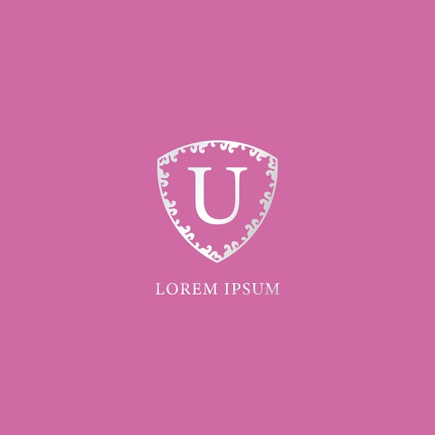 Modello di progettazione del logo u letter intial isolato su sfondo di colore rosa adatto per prodotti assicurativi di moda e bellezza illustrazione di scudo floreale decorativo in argento di lusso