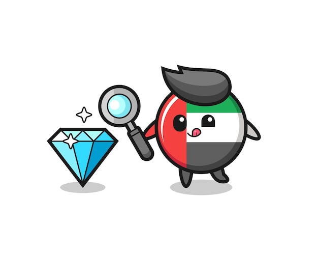 Uae flag badge mascot is checking the authenticity of a diamond