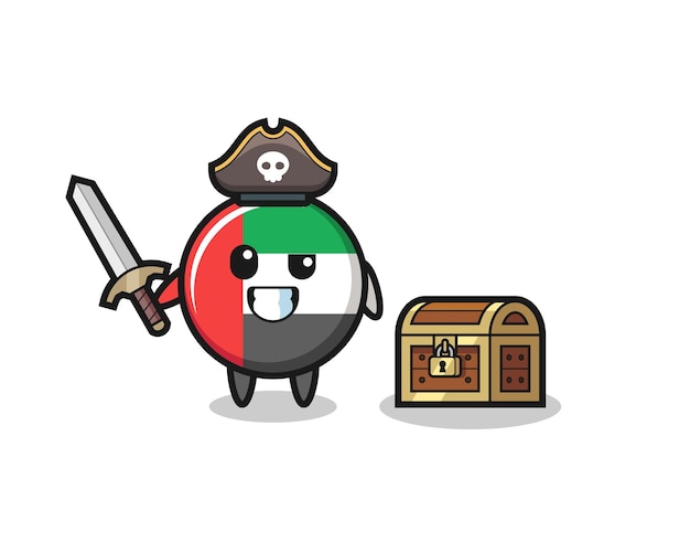 The uae flag badge pirate character holding sword beside a treasure box