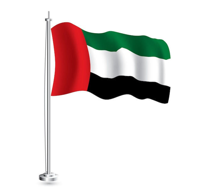 Флаг ОАЭ Изолированный реалистичный волновой флаг страны Объединенных Арабских Эмиратов на флагштоке