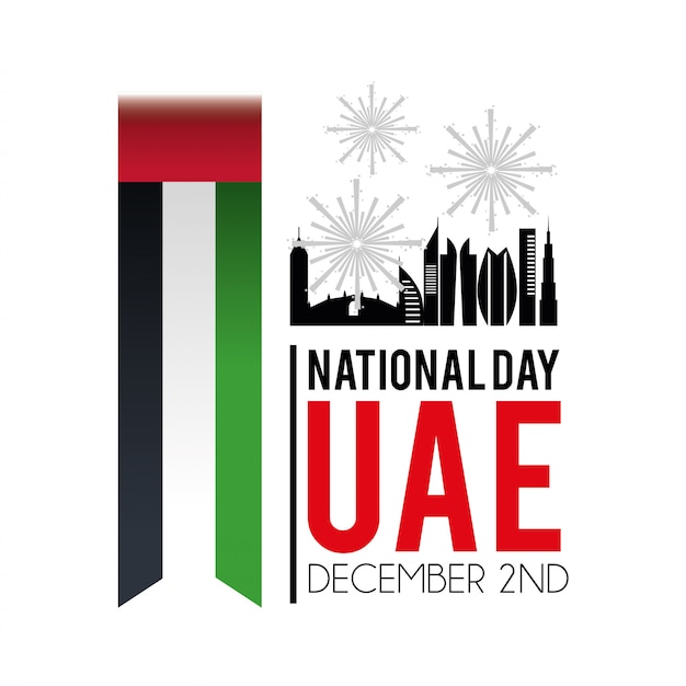 Uae flag with building and firewords to celebration