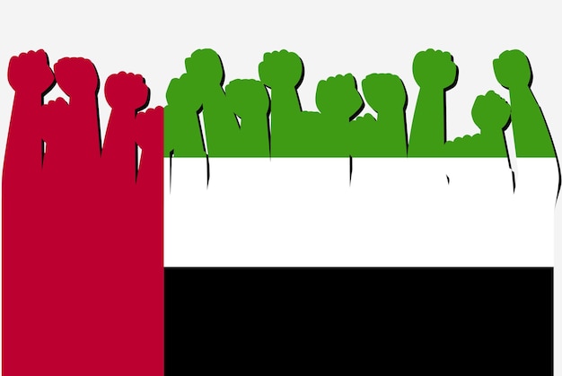 Uae flag with raised protest hands vector country flag logo uae protesting concept flat design