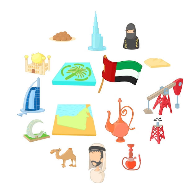 Set di icone degli emirati arabi uniti, stile cartoon