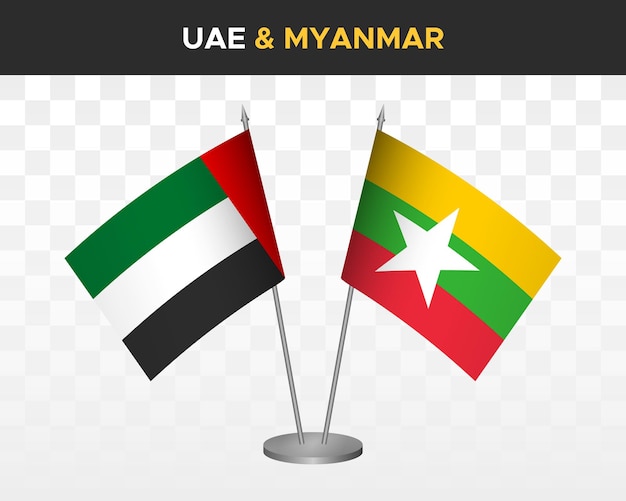 Emirati arabi uniti emirati arabi uniti vs myanmar birmania bandiere da scrivania mockup 3d illustrazione vettoriale bandiere da tavolo