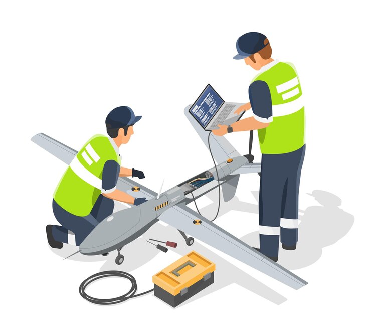 Vector uav unmanned system engineer programing to aerial robot airplane dron for weather forecast isometric