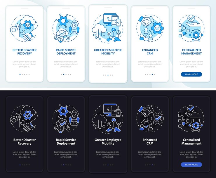 Vector ucaas advantages night and day mode onboarding mobile app screen