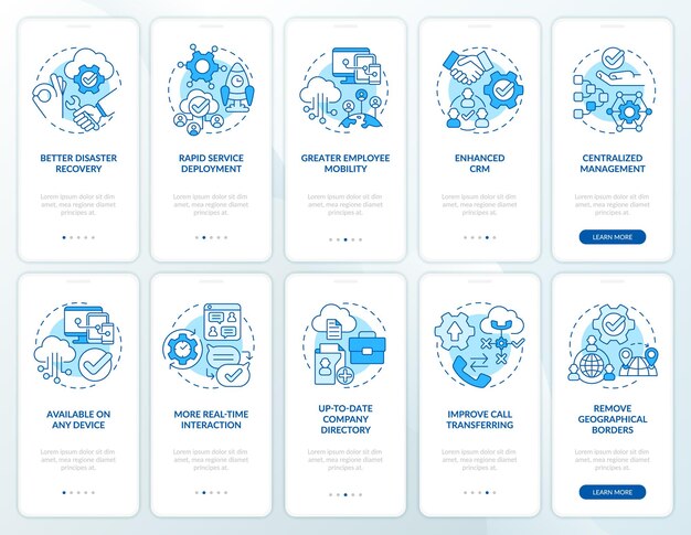 UCaaS blue onboarding mobile app screen set