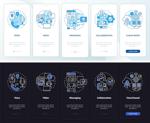 Ucaas-functies nacht- en dagmodus onboarding mobiele app-scherm service-doorloop 5 stappen grafische instructiepagina's met lineaire concepten ui ux gui-sjabloon myriad probold regelmatige gebruikte lettertypen