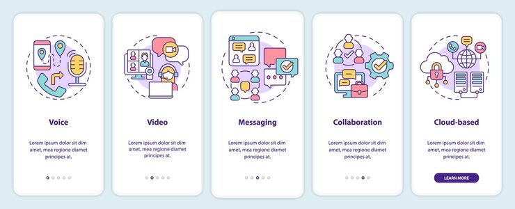 Vector ucaas functions onboarding mobile app screen connection walkthrough 5 steps graphic instructions pages with linear concepts ui ux gui template myriad probold regular fonts used