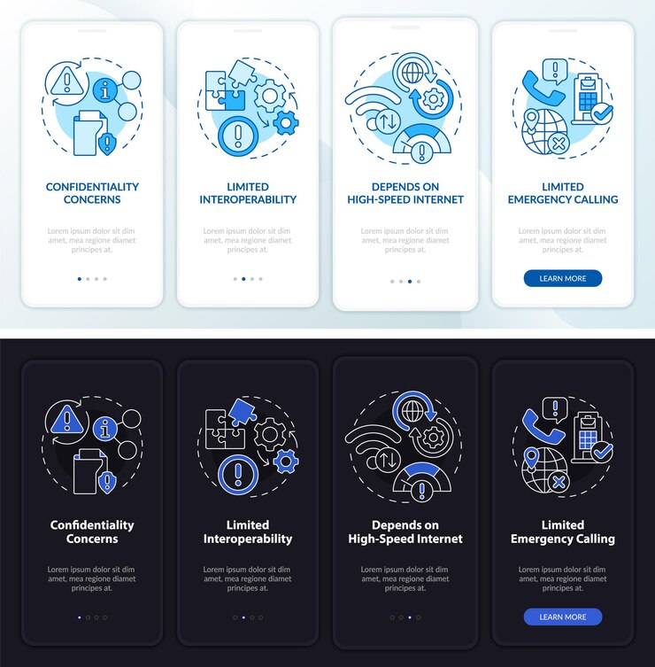 Vector ucaas risks night and day mode onboarding mobile app screen