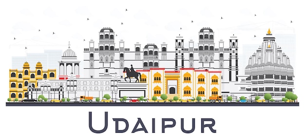 色の建物が白で隔離されるウダイプール インド都市のスカイライン
