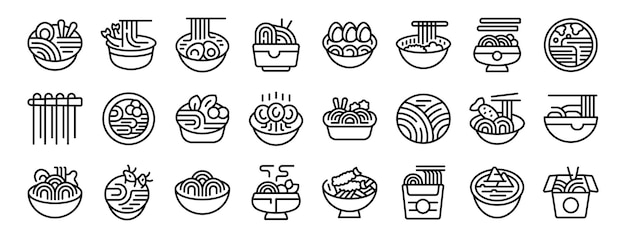 Udon noedels iconen set outline vector maaltijd voedsel keuken
