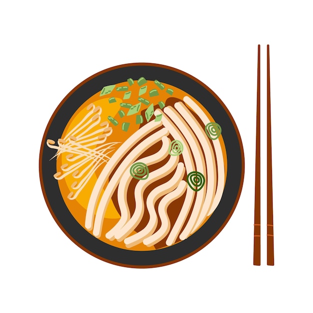 Udon Noodle Soup Asianfood Top view Hand drawn illustration Isolated on white background