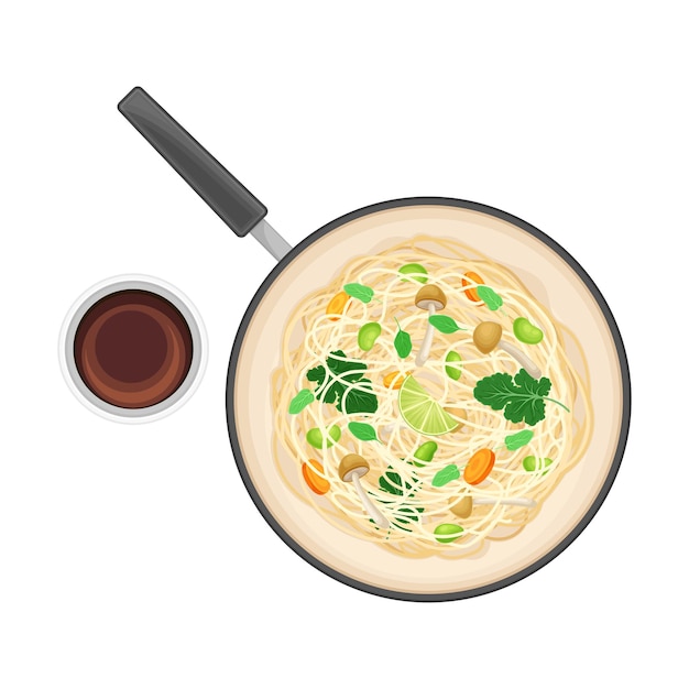 Vector udon noodle with mushroom rested in wok pan and soy sauce rested nearby above view vector illustration