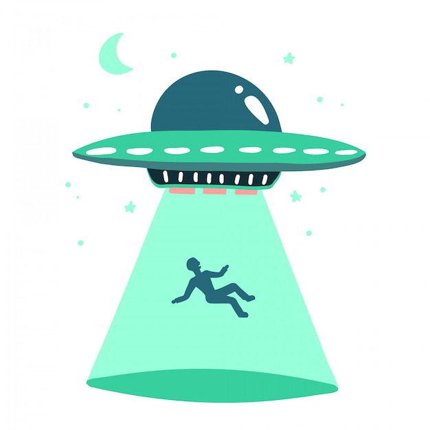 L'ufo rapisce l'uomo. illustrazione del raggio di luce ufo dell'astronave nello stile piano isolata su fondo bianco. concetto di stampa disegnata a mano.