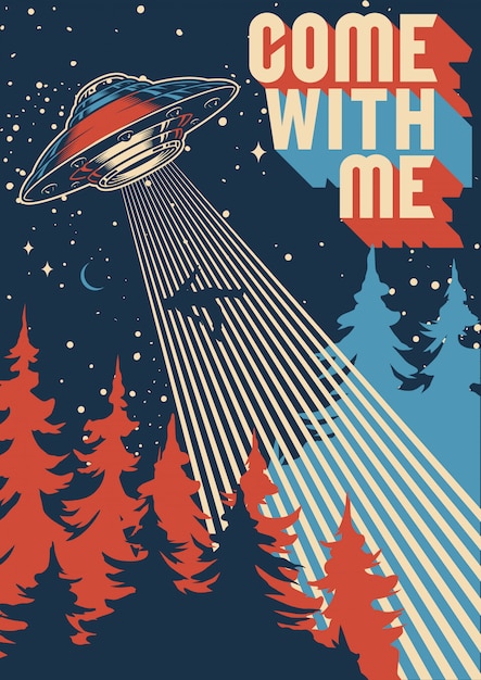 Vector ufo abducts man colorful poster