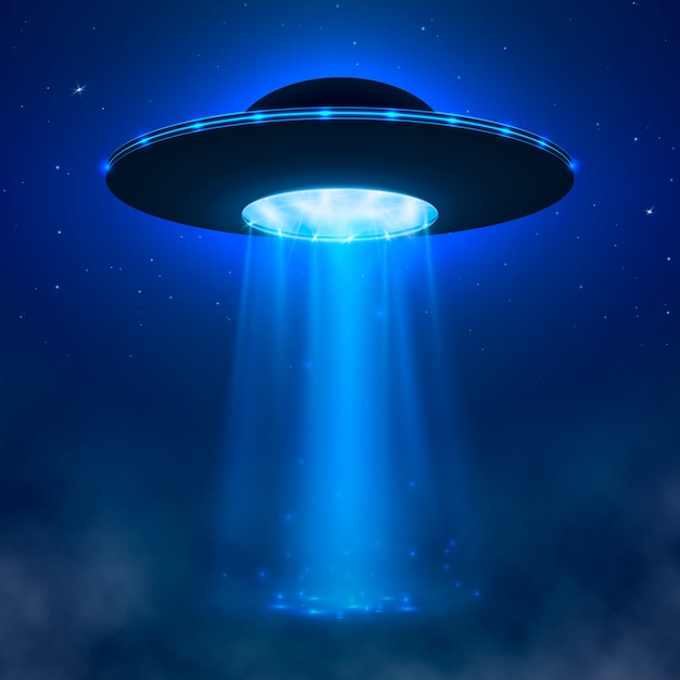 Ufo. alien ruimtevaartuig met lichtstraal en mist. ufo vectorillustratie