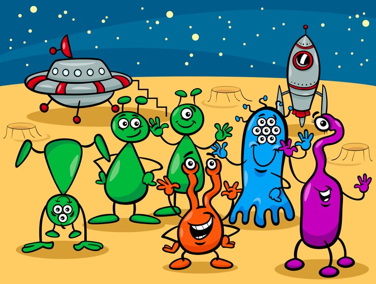 Vector ufo aliens group cartoon illustration