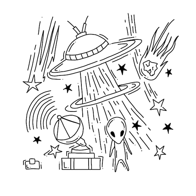 ufo en aliens handgetekende vectorillustraties