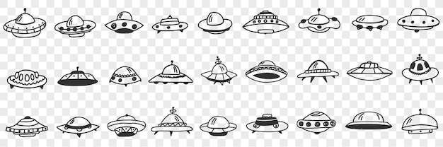 UFO en vliegende platen in kosmos doodle set. Verzameling van hand getrokken verschillende vormen en vormen van Ufo vliegen in de ruimte geïsoleerd op transparante achtergrond