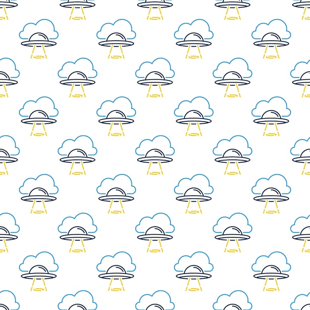 UFO Flying Saucer in Blue Cloud vector concept line seamless pattern