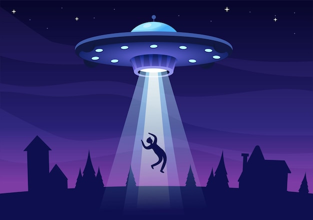 Astronave volante ufo con disco volante sopra il cielo della città rapisce esseri umani o animali nell'illustrazione