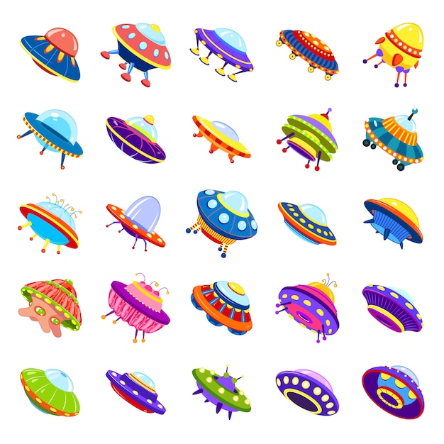 UFO icons set, cartoon style