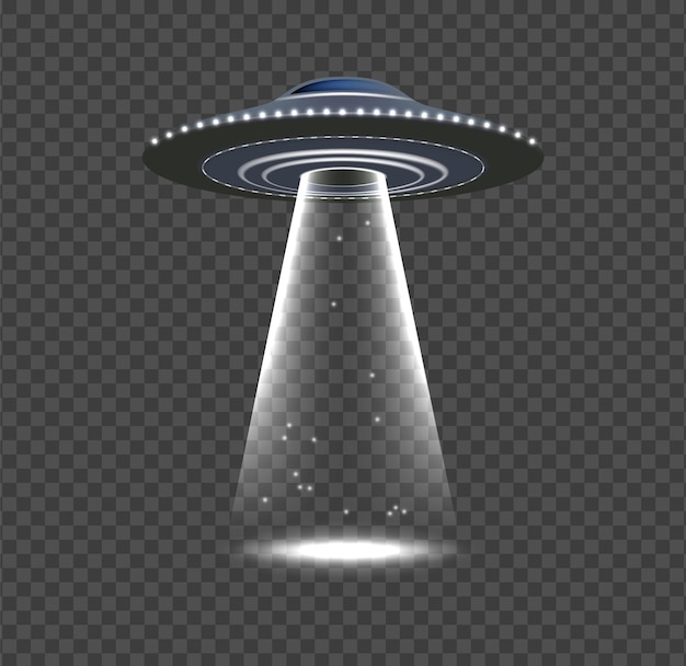 Ufo invasion. alien spaceship, realistic space object with rays. flying ship, lights and glow vector elements. illustration invasion ufo, spotlight sci-fi glow