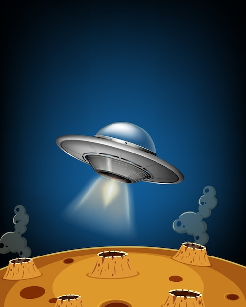 Vector ufo landing op maanoppervlak