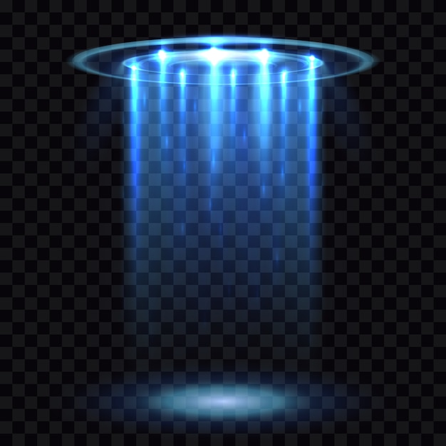 Raggio luminoso ufo, astronave futuristica alieni isolato su sfondo trasparente a scacchi