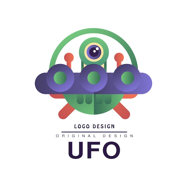 UFO 로고 오리지널 디자인 배지와 접시 및 외계인 터 일러스트레이션은 색 배경에 고립되어 있습니다.