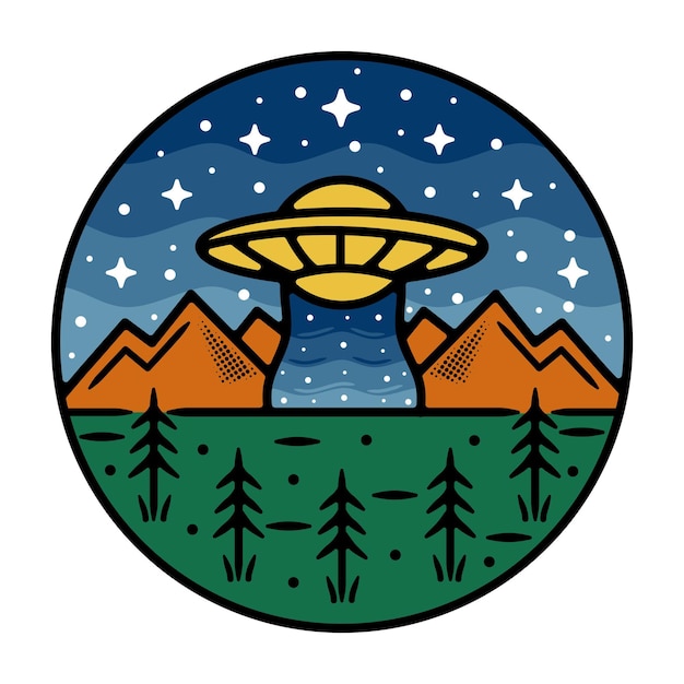 Vector ufo monoline outdoor badge-ontwerp met berg