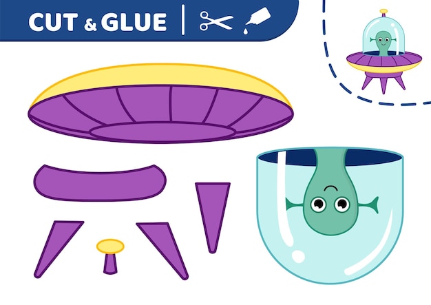 UFO in purple flying saucer Cut and glue UFO Applique Paper game Vector