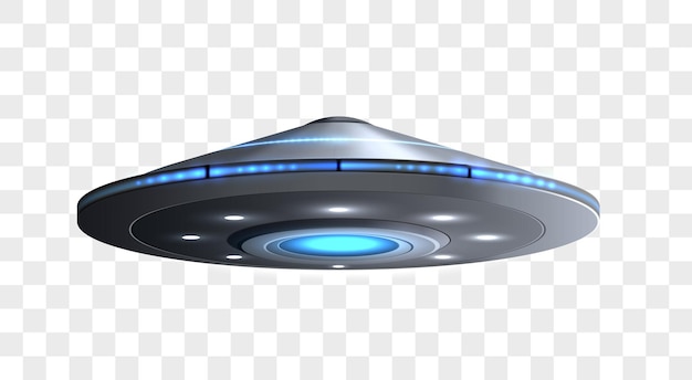 Ufo-ruimteschip met lichtstraal geïsoleerde vectorillustratie van vliegend buitenaards schip