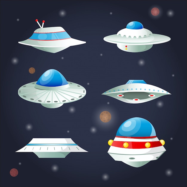 Ufo Set. Spaceship Cartoon Collection.