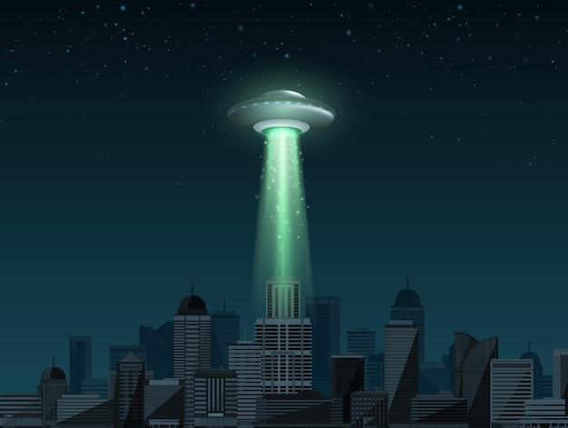 Vector ufo spaceship with a light beam flying over the city ufo day vector illustration