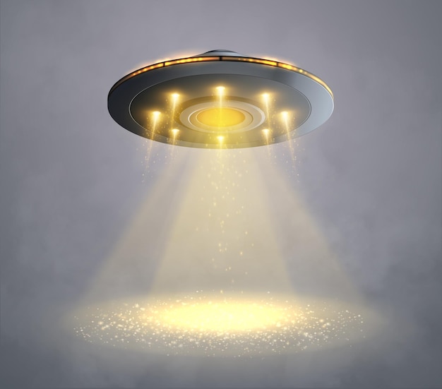 Ufo spaceship with yellow light beam isolated on grey background vector illustration