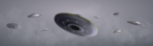 灰色の背景のベクトル図に分離された黄色の光線とufo宇宙船