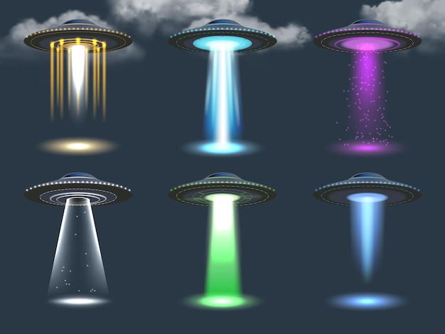 Ufo spotlight. Cosmic transport ambient alien lighting realistic glowing effect from spaceships set