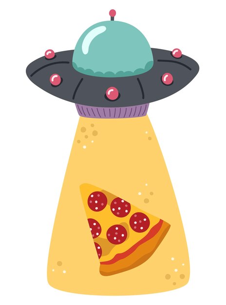 Ufo ruba gli alieni della pizza illustrazione vettoriale isolata su sfondo bianco