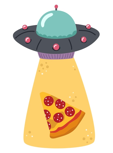 Vector ufo steelt pizza aliens vectorillustratie geïsoleerd op een witte achtergrond