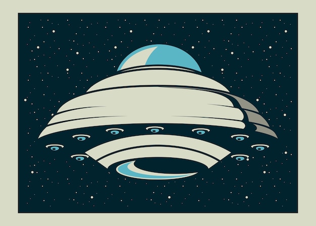 Ufo vliegen in poster vintage stijl illustratie