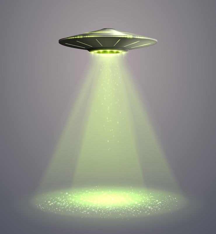 Vector uforuimteschip met gele lichtstraal die op grijze vectorillustratie wordt geïsoleerd als achtergrond