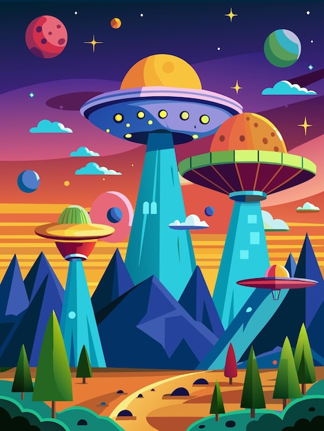 Vector ufos soar majestically above a serene landscape