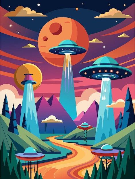 Vector ufos soar majestically above a serene landscape