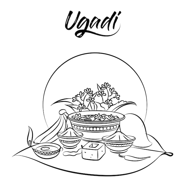 ugadi festival card design line drawing vector